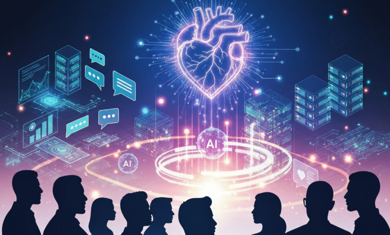 Silhouettes of people looking at a glowing AI-powered digital heart and data visualizations.