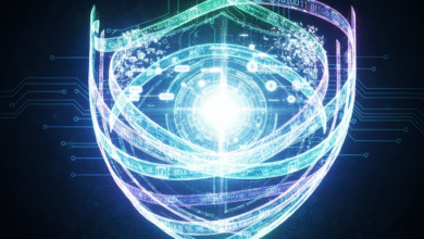 Abstract digital shield with glowing circuits and binary code