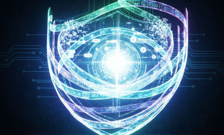 Abstract digital shield with glowing circuits and binary code