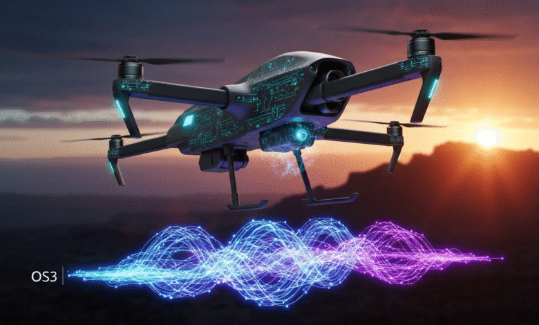 A futuristic drone with glowing blue circuit patterns flies against a sunset sky, emitting colorful energy waves.