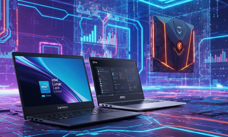 Two laptops and a futuristic computer tower displayed against a backdrop of glowing circuit board patterns and data visualizations.