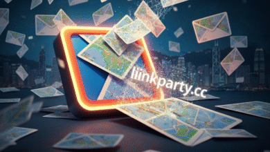 Digital representation of mail and maps emerging from a glowing screen with a city skyline background.