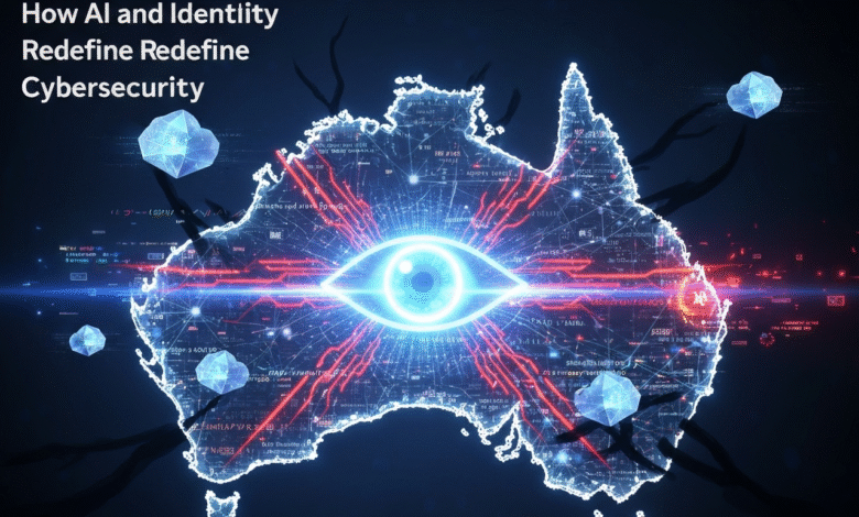 Digital map of Australia with an illuminated eye at its center, surrounded by data streams and glowing crystals.