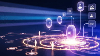 Abstract visualization of AI connecting business functions like HR and operations.