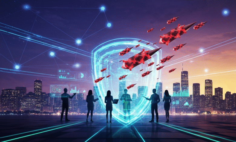 Silhouettes of business people standing before a glowing digital shield, with red missiles flying towards it over a city skyline.