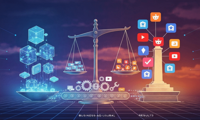 Digital illustration of a balance scale weighing data cubes against social media icons.