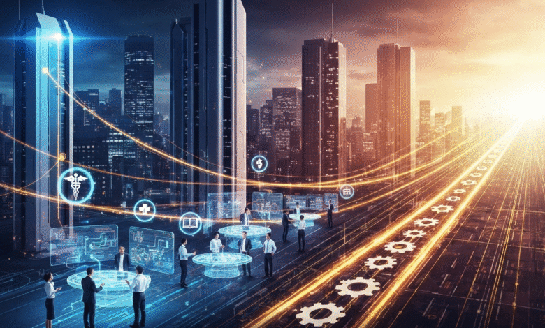 Futuristic cityscape with glowing data streams and business professionals interacting with holographic interfaces.
