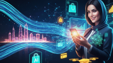 Woman in hijab using smartphone with futuristic cityscape and AI icons.