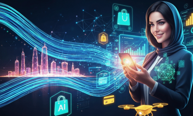 Woman in hijab using smartphone with futuristic cityscape and AI icons.