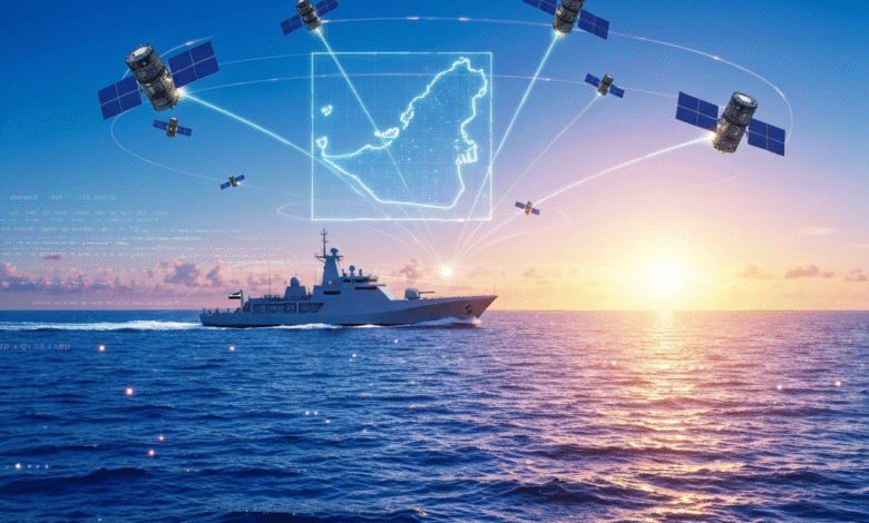 Naval ship at sea with satellites orbiting a digital map of the UAE.