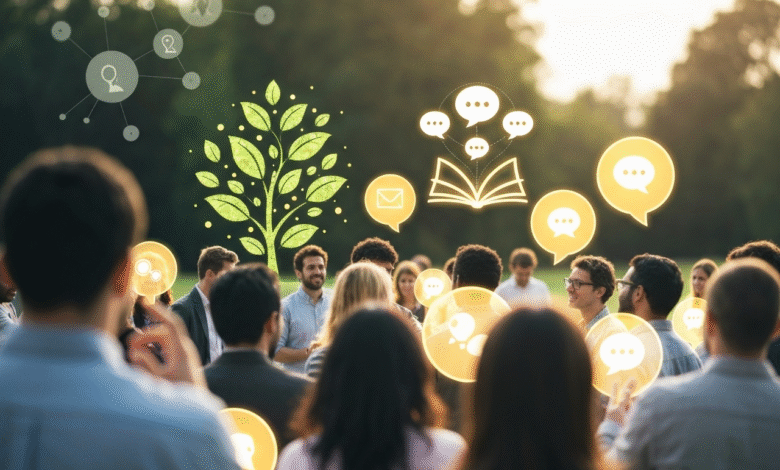 Diverse group of people gathered outdoors with glowing digital icons representing growth, communication, and knowledge.