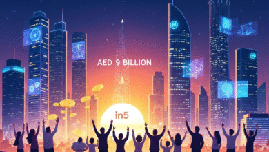 Silhouetted crowd with hands raised against a futuristic cityscape at sunset, with digital graphics and coins.