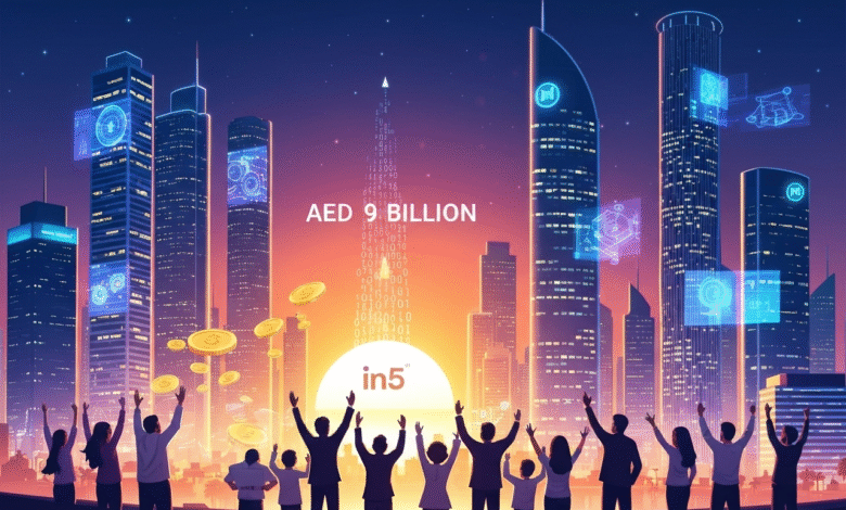 Silhouetted crowd with hands raised against a futuristic cityscape at sunset, with digital graphics and coins.