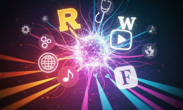 Abstract network of glowing lines connecting various icons and letters.