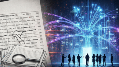 Silhouettes of people looking at a glowing doorway with a neural network graphic and financial data.