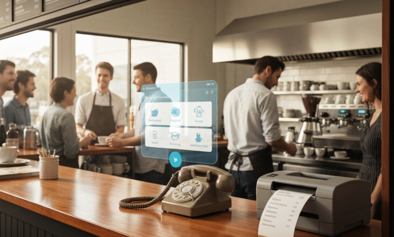 Holographic menu interface floating above a vintage telephone and receipt printer in a cafe.