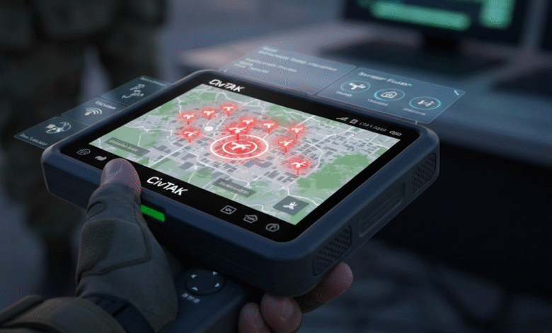 Hand holding a rugged tablet displaying a drone surveillance map with multiple red drone icons.