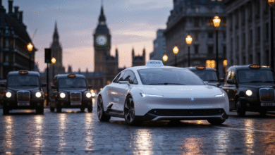 A white autonomous vehicle drives on a wet London street at dusk, with Big Ben in the background.