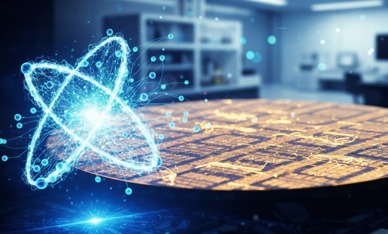 Glowing blue atomic structure orbiting over a silicon wafer with circuit patterns.
