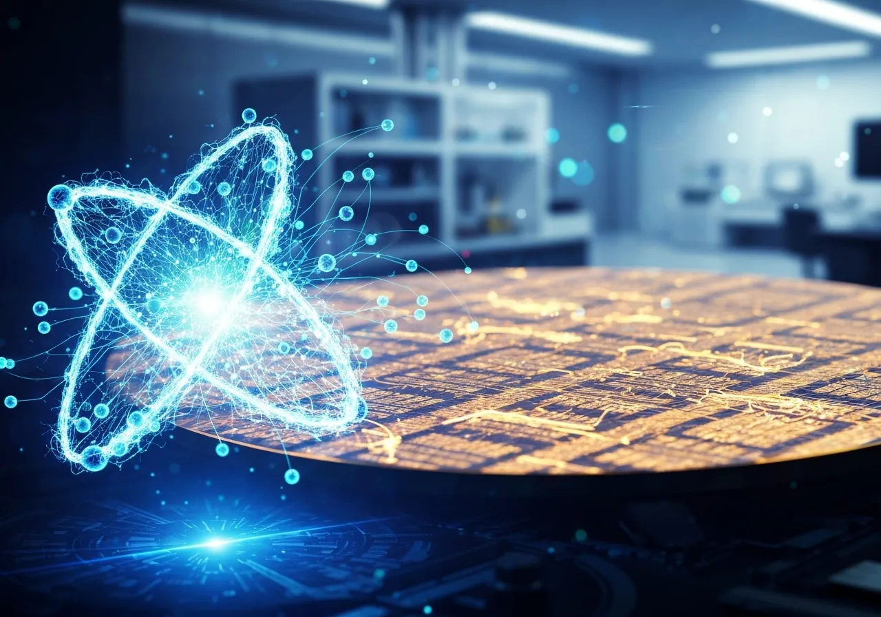 Glowing blue atomic structure orbiting over a silicon wafer with circuit patterns.
