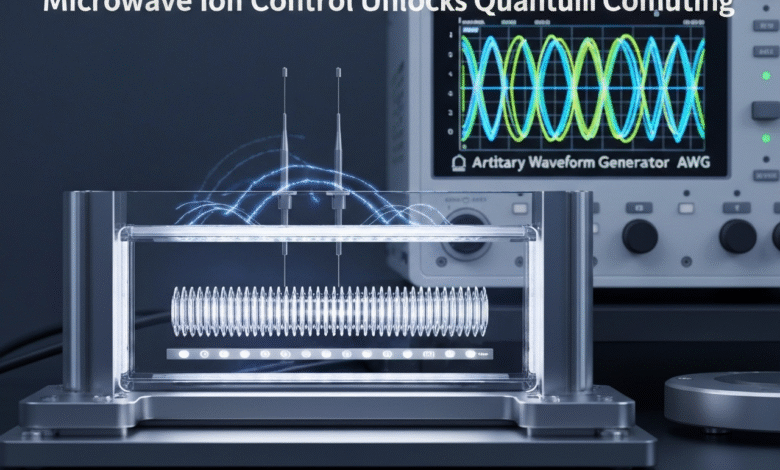 Experimental setup for quantum computing with microwave ion control, featuring a waveform generator.