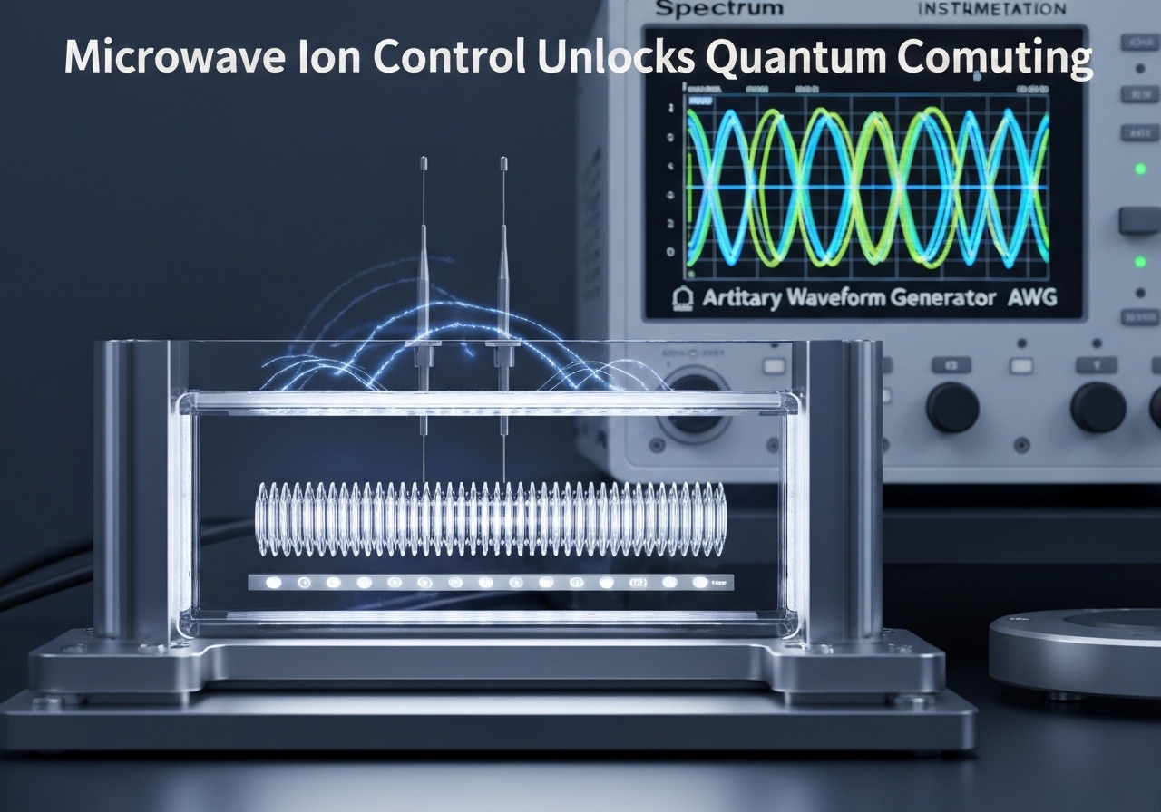 Experimental setup for quantum computing with microwave ion control, featuring a waveform generator.