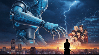 Giant futuristic robot with glowing blue circuits looms over a city skyline, facing a group of anime-style characters.