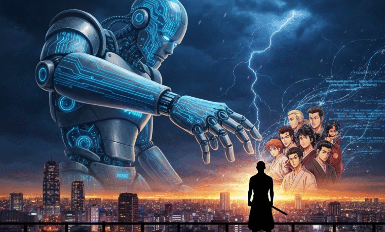 Giant futuristic robot with glowing blue circuits looms over a city skyline, facing a group of anime-style characters.