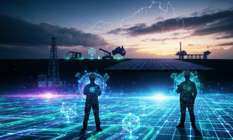 Silhouetted engineers stand in a futuristic digital landscape with energy infrastructure.
