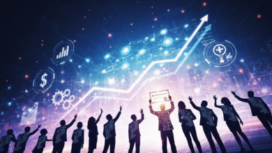 Silhouettes of people looking up at a glowing AI network and upward trending graph.
