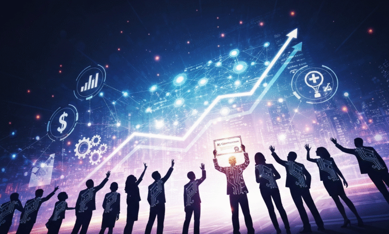 Silhouettes of people looking up at a glowing AI network and upward trending graph.