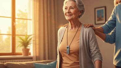 Elderly woman with a pendant necklace smiles as another person places hands on her shoulders.