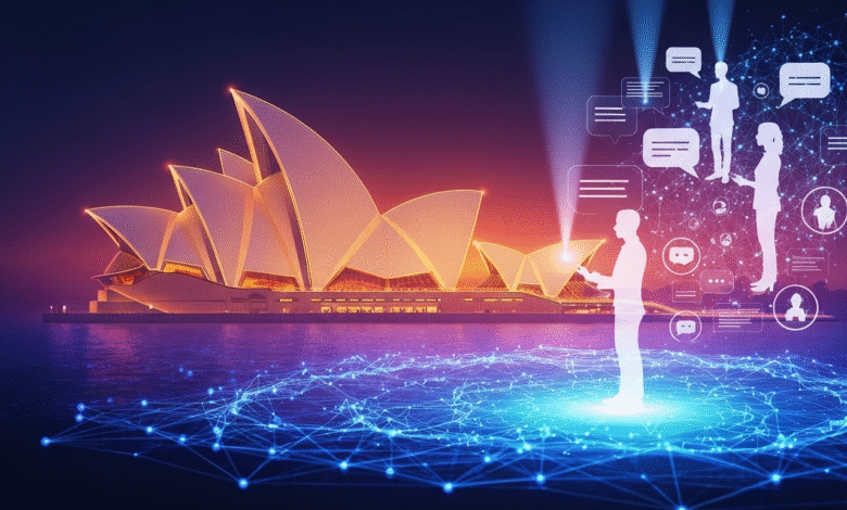 Sydney Opera House with digital network overlay and silhouetted figures communicating.
