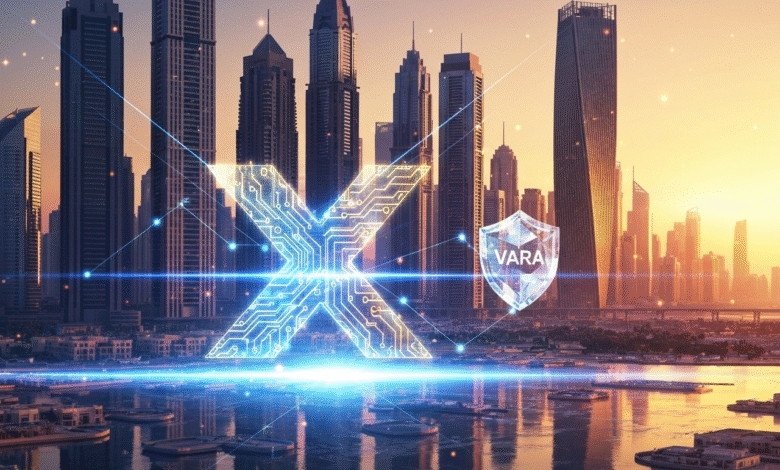 Futuristic cityscape with glowing digital 'X' and VARA shield overlay