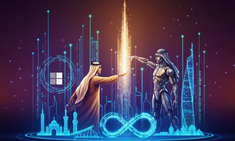 Man in traditional Arabic attire and a robot reaching towards a glowing energy beam.