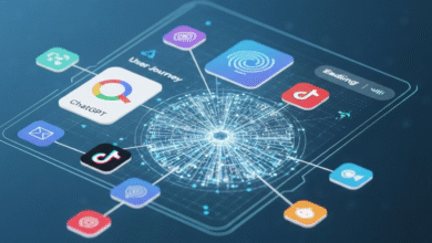Digital interface showing app icons connected in a user journey flow with ChatGPT at the center.