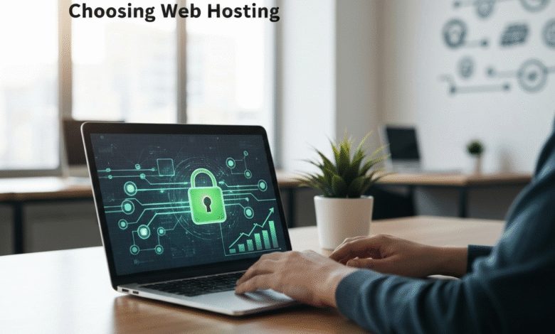 Person using a laptop displaying a digital security interface with a padlock icon and growth charts.