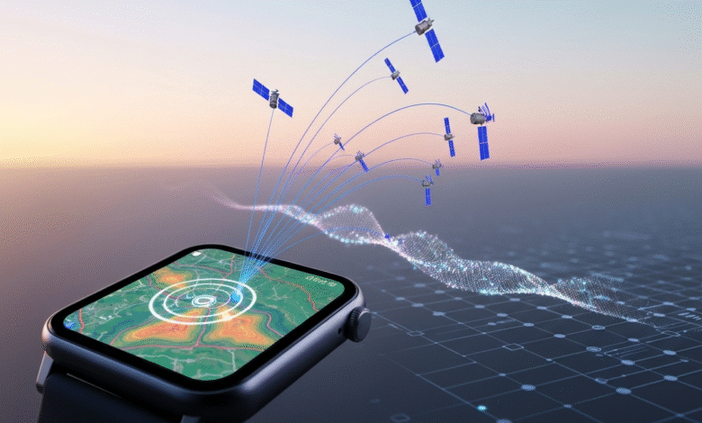 Smartwatch displaying a map with GPS signals from orbiting satellites.