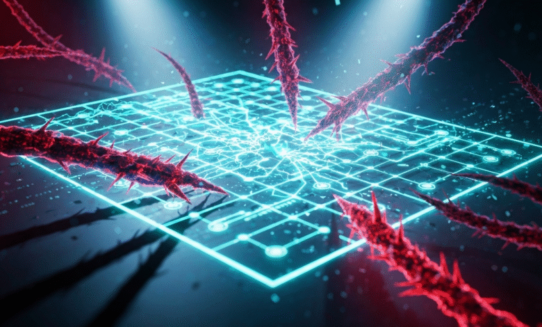 Thorny red tendrils reaching towards a glowing blue digital grid.