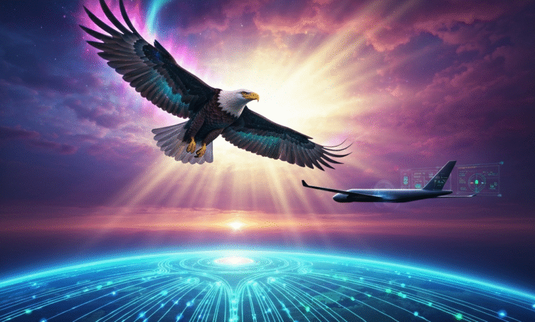 A bald eagle soars above a futuristic Earth with a jet and aurora borealis in the sky.