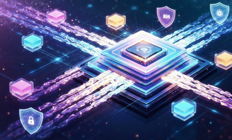 Abstract digital network with glowing cubes and shield icons representing data security.