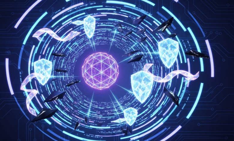 Abstract digital tunnel with glowing shields and a central sphere.