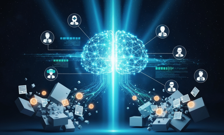 Glowing digital brain with connections to user icons and data blocks.