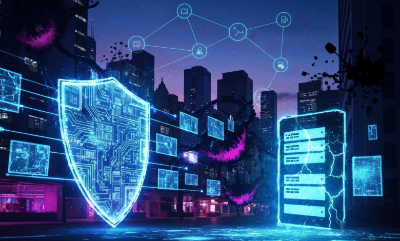 Futuristic digital shield and server rack glowing with neon blue light in a city at dusk.