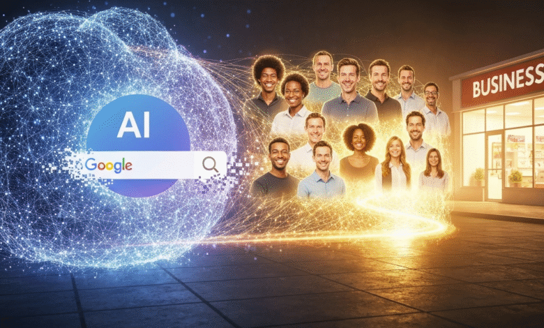 Diverse group of people emerging from a glowing AI network with Google search bar.