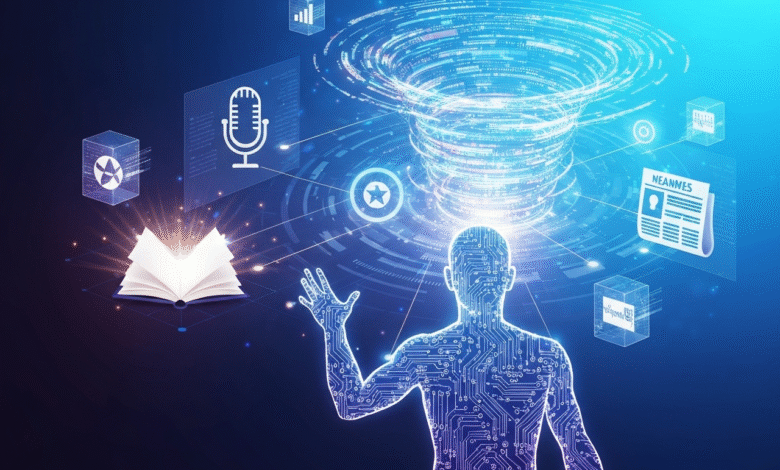 Abstract representation of artificial intelligence with a human silhouette made of circuits interacting with data streams.