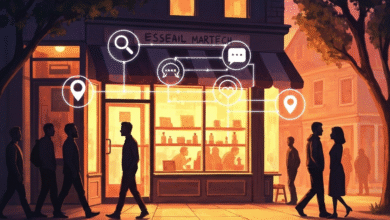 Digital icons connect to a storefront labeled Esseail Martech, with people walking by.