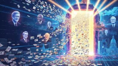 Portraits of distinguished men and a stream of documents flowing into a glowing portal.