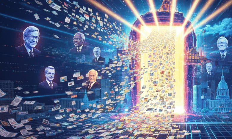 Portraits of distinguished men and a stream of documents flowing into a glowing portal.