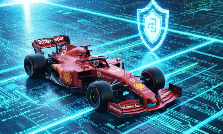 Red Formula 1 race car on a futuristic blue circuit board with a glowing shield icon.